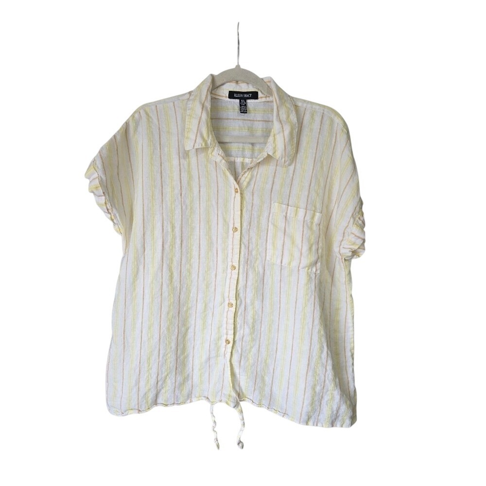 Ellen Tracy Yellow Striped Women's Top XL Short Sleeve Tie Front 100% Linen
